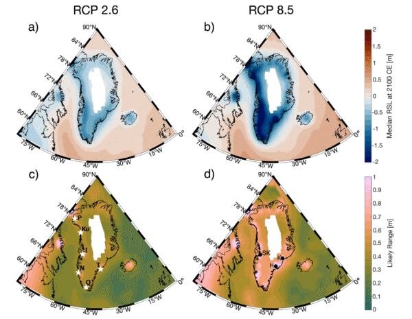 Las proyecciones del cambio relativo total del nivel del mar indican que este disminuirá alrededor de Groenlandia tanto en escenarios de emisiones bajas (Lewright et al., Nat. Commun. , 2026)
