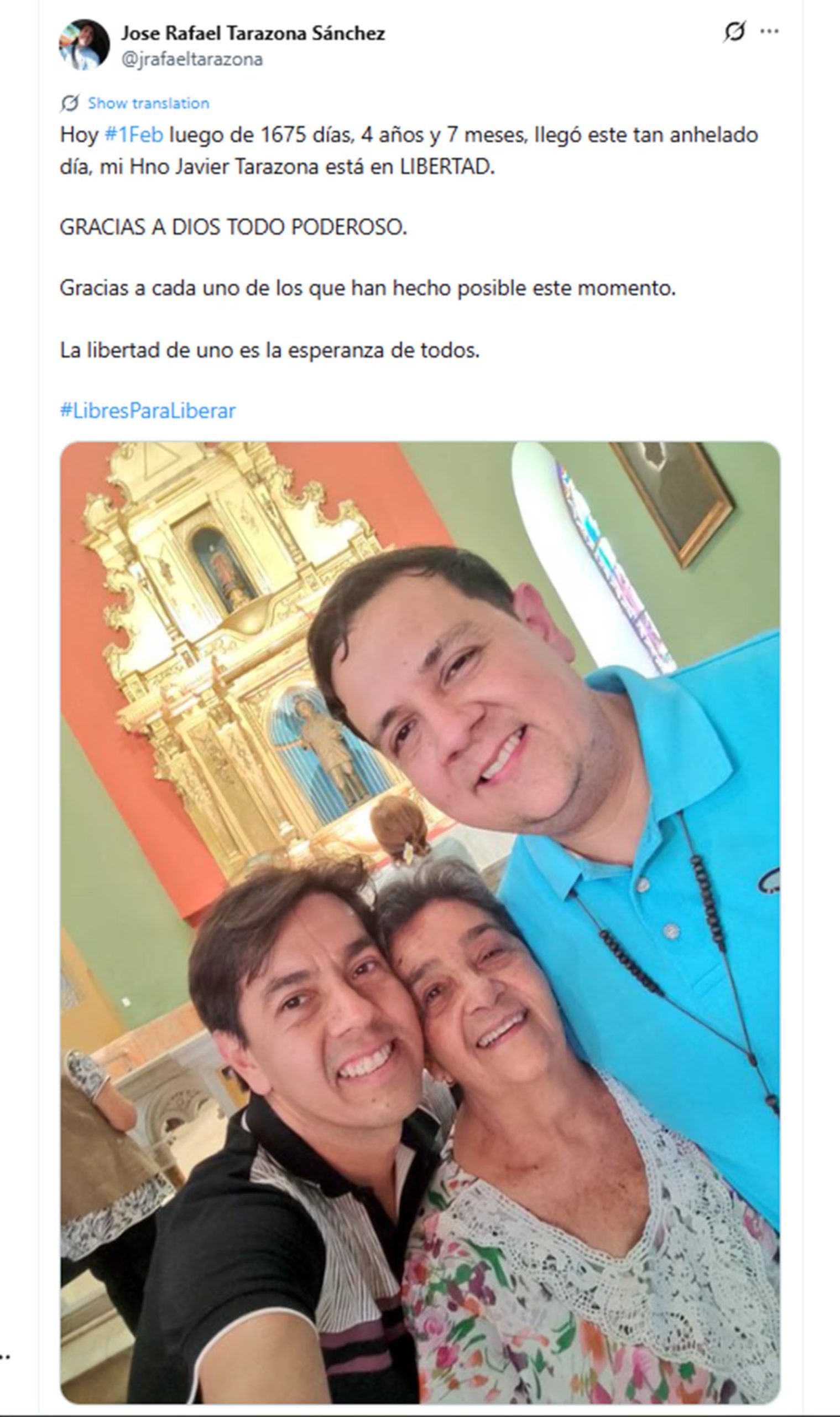 El mensaje publicado por la familia de Javier Tarazona anunciando su excarcelación (X:@jrafaeltarazona)