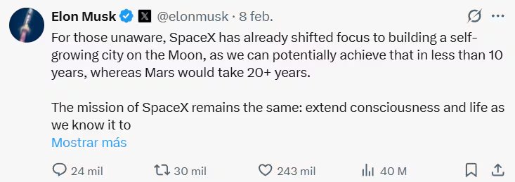 A través de X, Musk sorprendió al anunciar que SpaceX priorizará la construcción de una base lunar.
(X de Elon Musk)