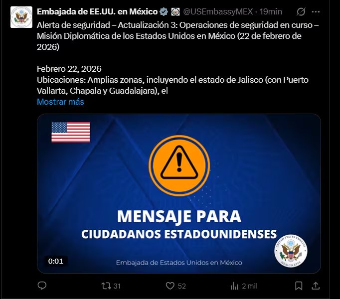 Tercera actualización de alerta de viaje por parte de la Embajada de EEUU en México. (Captura de pantalla)