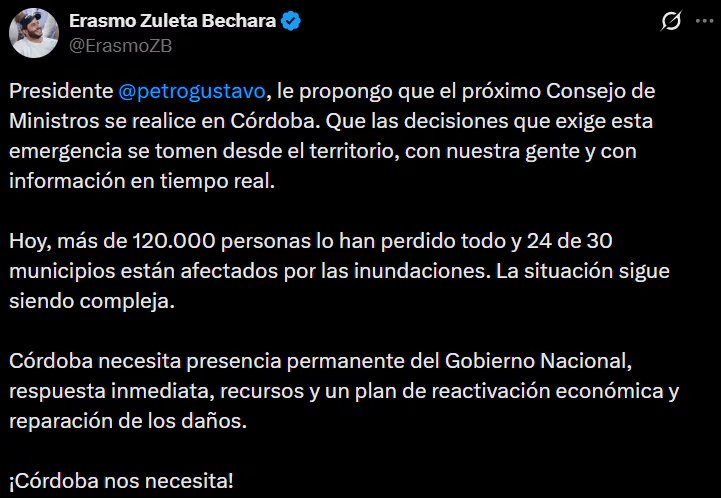 El gobernador Erasmo Zuleta expuso la magnitud de la emergencia y pidió decisiones urgentes con presencia del Gobierno nacional en el territorio. - crédito @ErasmoZB/X