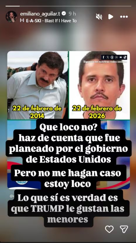 El cantante Emiliano Aguilar compartió una historia de Instagram que compara la captura de El Chapo con una posible (y especulativa) detención de El Mencho en 2026, generando gran revuelo. (Emiliano Aguilar / Instagram )