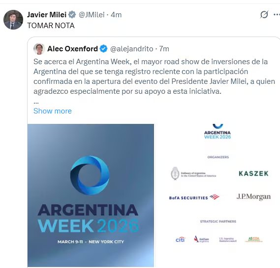 Posteo en X del embajador argentino en Estados Unidos, Alec Oxenford, difundiendo el 