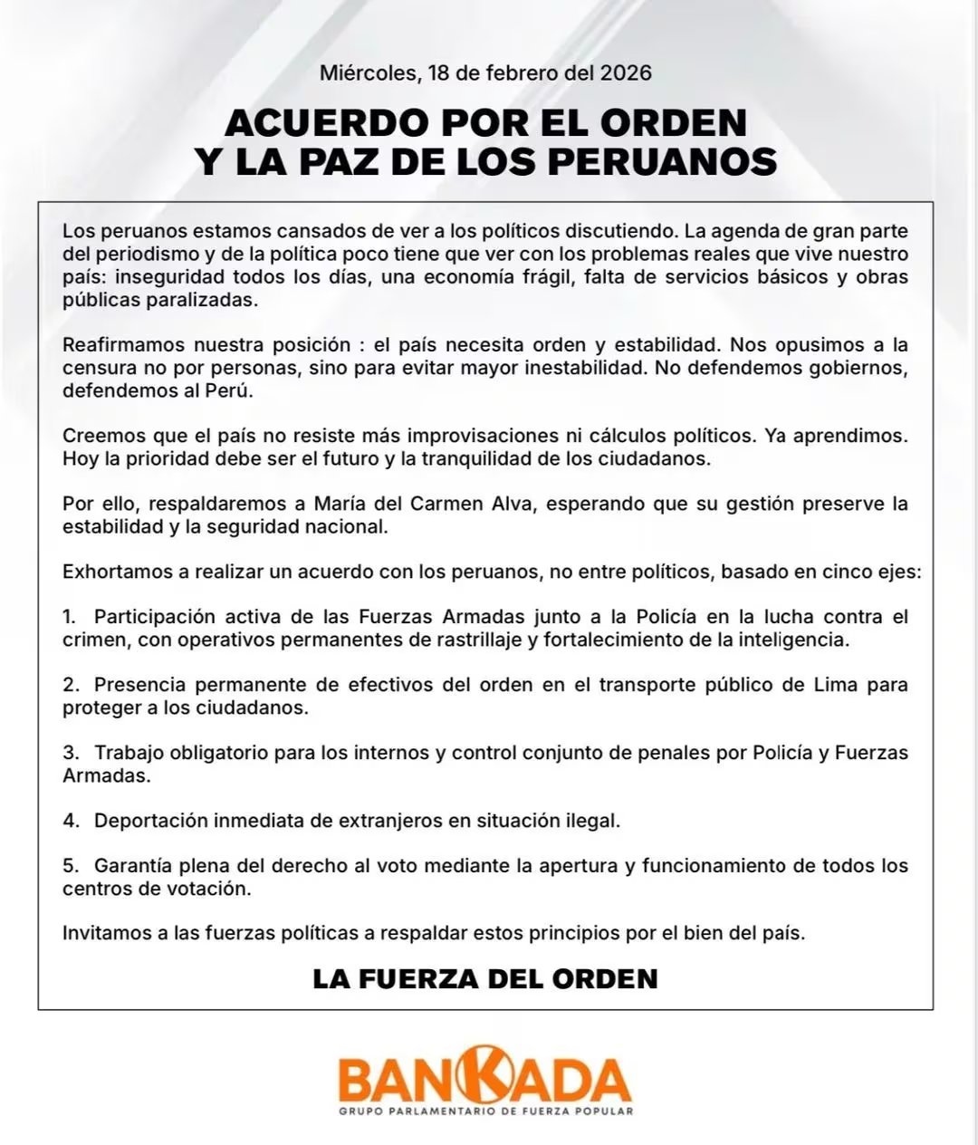 El grupo parlamentario Fuerza Popular presenta un