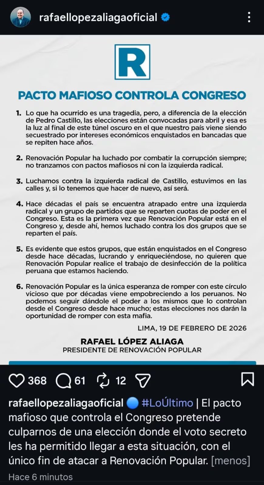 Rafael López Aliaga, presidente de Renovación Popular, denuncia un pacto mafioso que controla el Congreso y aboga por elecciones para romper este círculo vicioso.