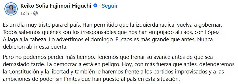 Keiko Fujimori, líder de Fuerza Popular, reacciona lamentando el regreso de la izquierda radical al poder y alertando sobre el riesgo para la democracia en el país.