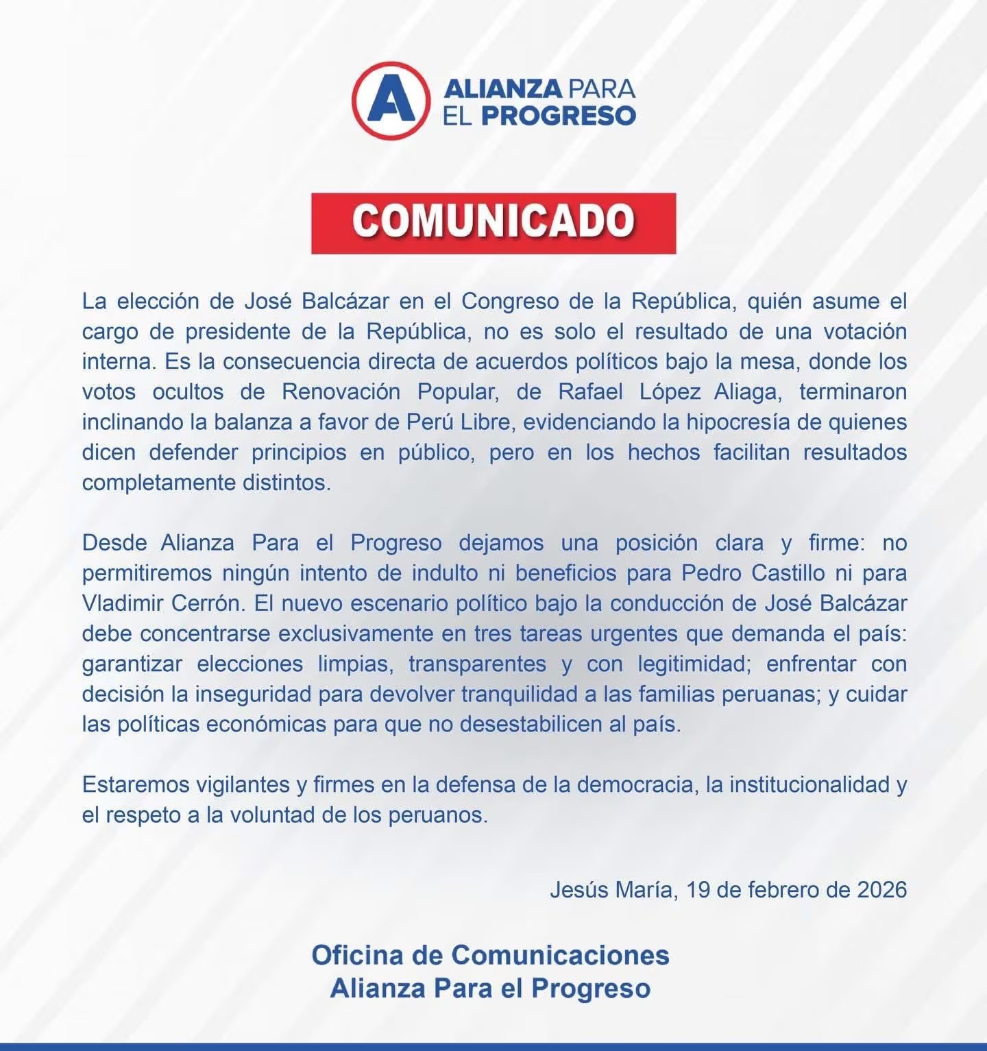 Alianza Para el Progreso emite un comunicado oficial detallando su postura sobre la elección de José Balcázar en el Congreso y las prioridades políticas del país.