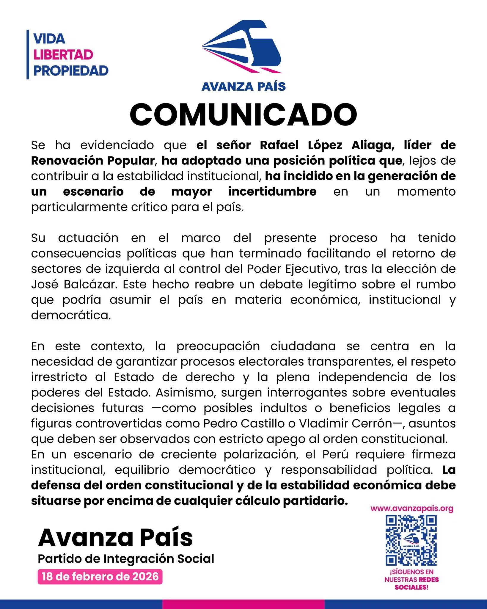 El partido Avanza País emite un comunicado expresando preocupación por la inestabilidad política generada tras la elección de José Balcázar y exige defensa del orden constitucional.