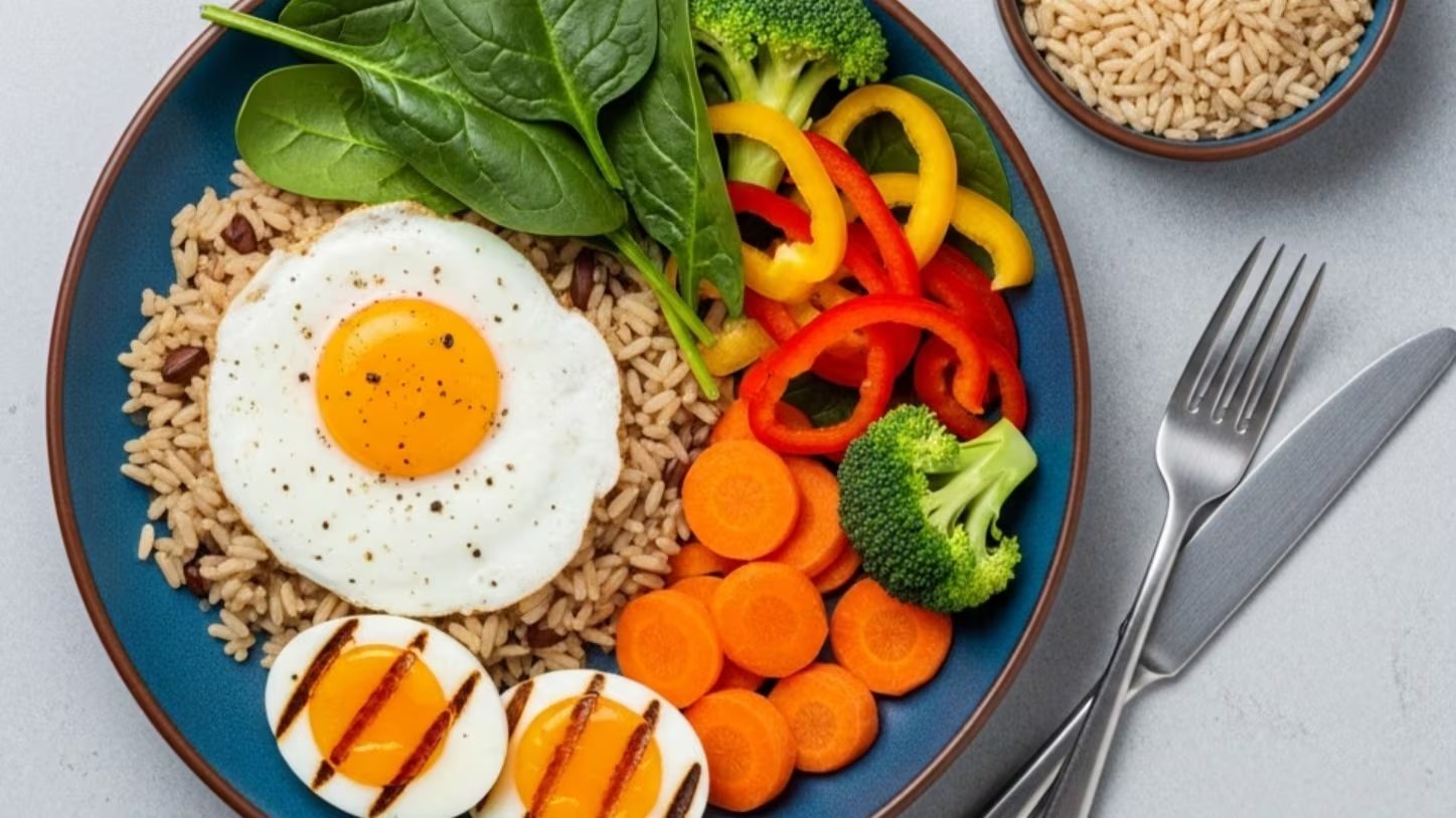 Harvard sugiere ajustar las porciones de arroz y huevo según la intensidad del ejercicio y acompañar el plato con verduras frescas para una dieta equilibrada (Imagen Ilustrativa Infobae)