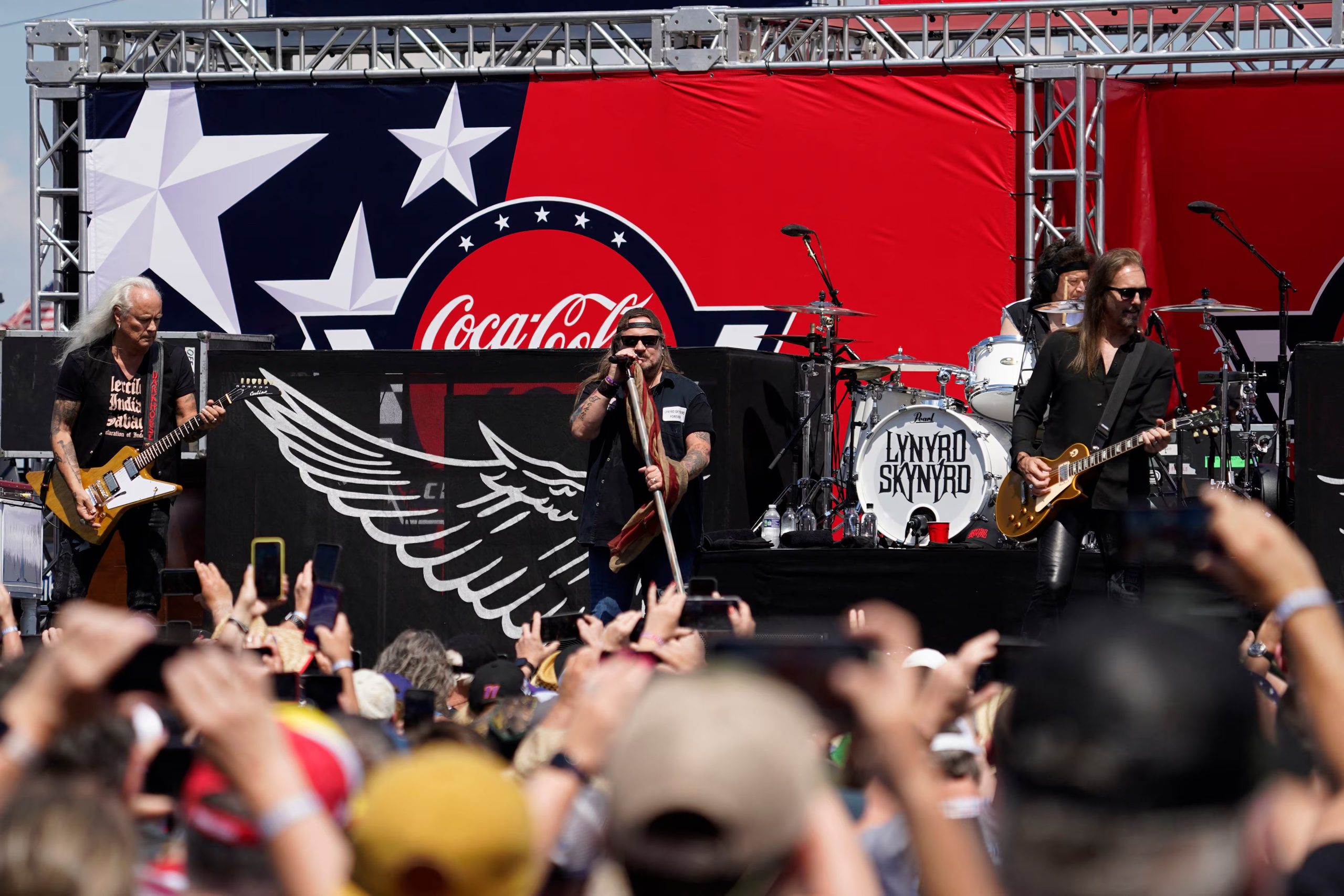 May 29, 2022; Concord, North Carolina, USA; Lynyrd Skynyrd performs prior to the Coca-Cola 600 at Charlotte Motor Speedway. Mandatory Credit: Jasen Vinlove-USA TODAY Sports