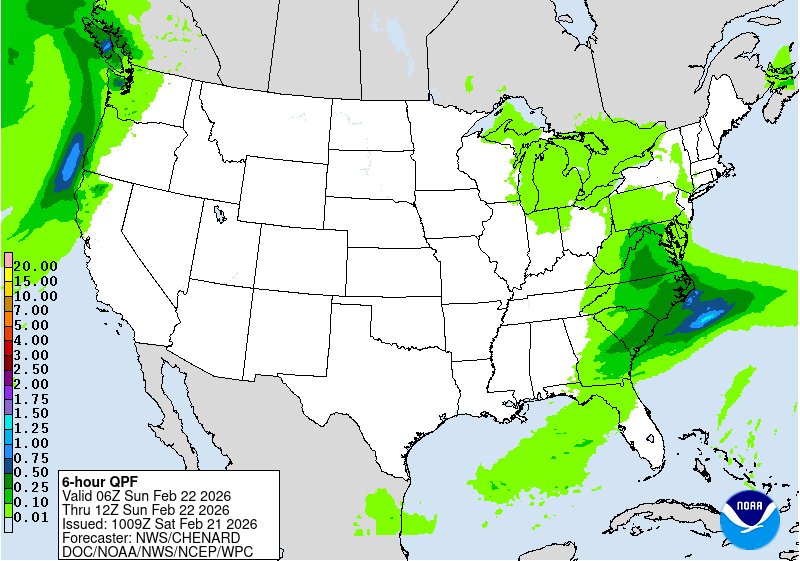 Este mapa de pronóstico de precipitación de 6 horas, emitido por el Weather Prediction Center, muestra las zonas con lluvias previstas en el territorio continental de EE. UU. desde el 22 de febrero de 2026. (Weather Prediction Center)