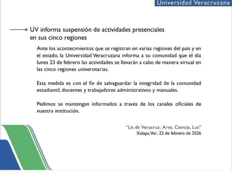 Comunicado oficial de la Universidad Veracruzana, fechado en Xalapa el 22 de febrero de 2026.