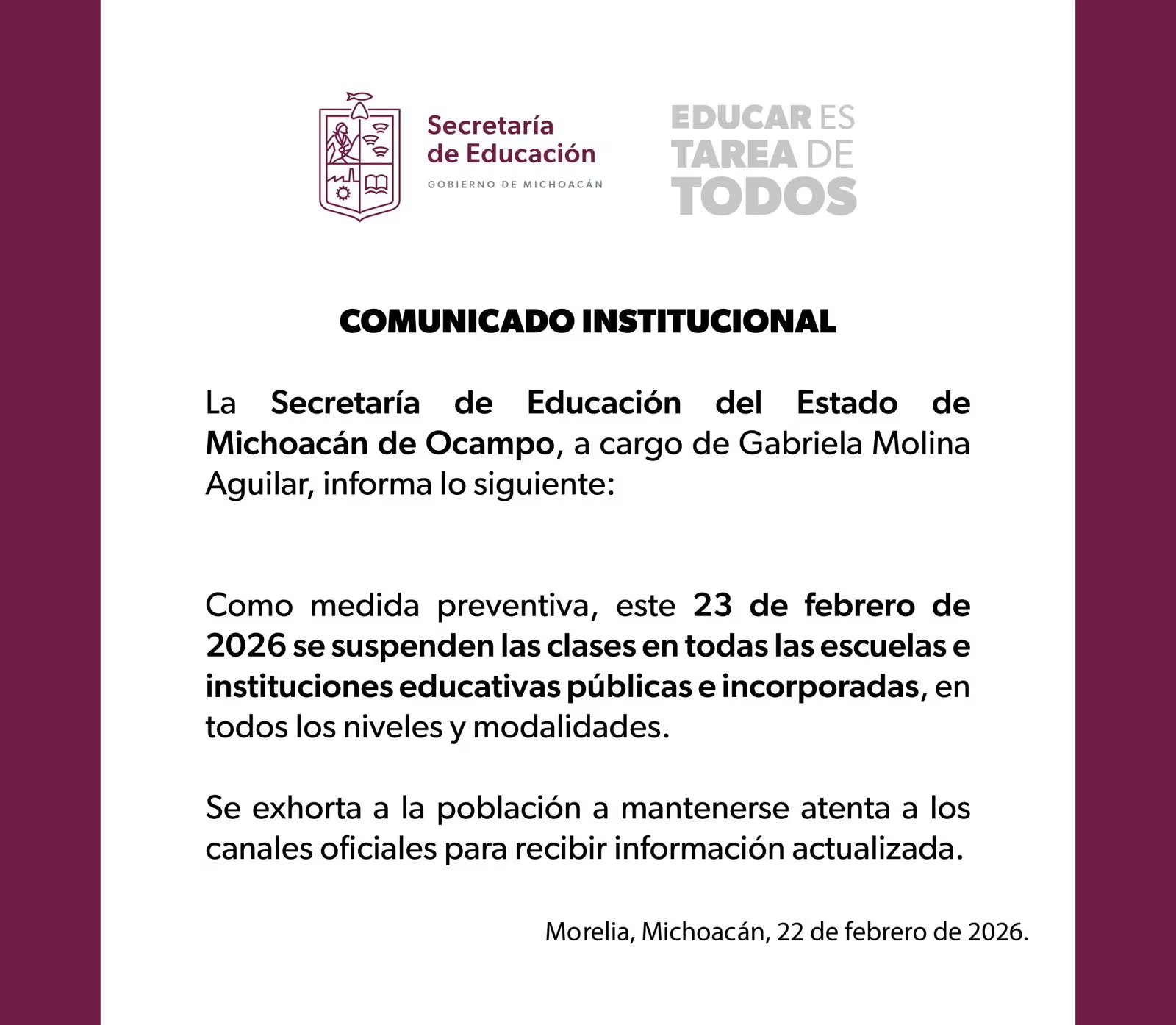 Comunicado institucional emitido por la Secretaría de Educación del Estado de Michoacán, encabezada por Gabriela Molina Aguilar.