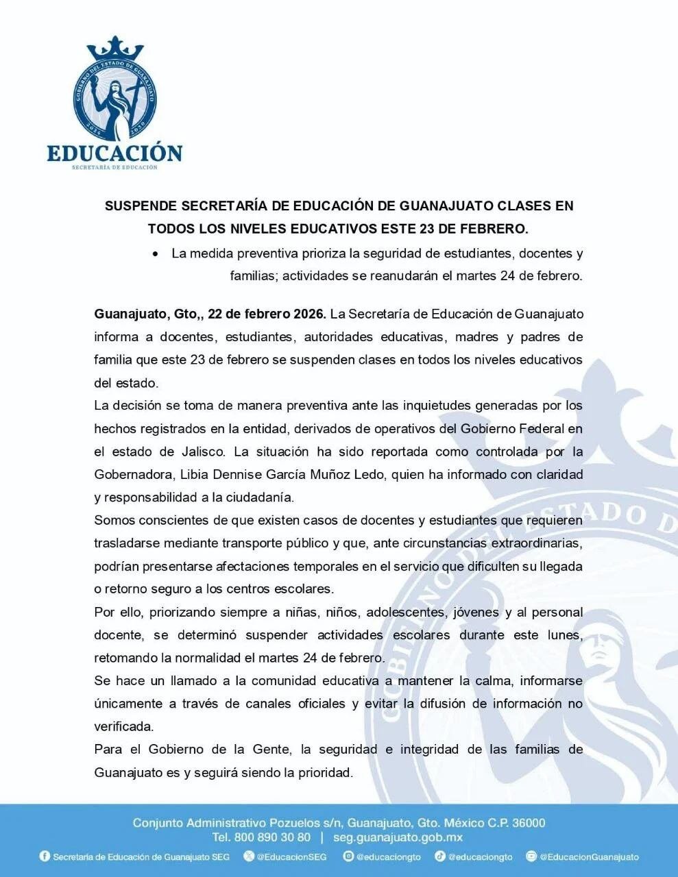 Comunicado de la Secretaría de Educación de Guanajuato, fechado el 22 de febrero de 2026, donde se informa la suspensión de clases en todos los niveles educativos del estado para el 23 de febrero.