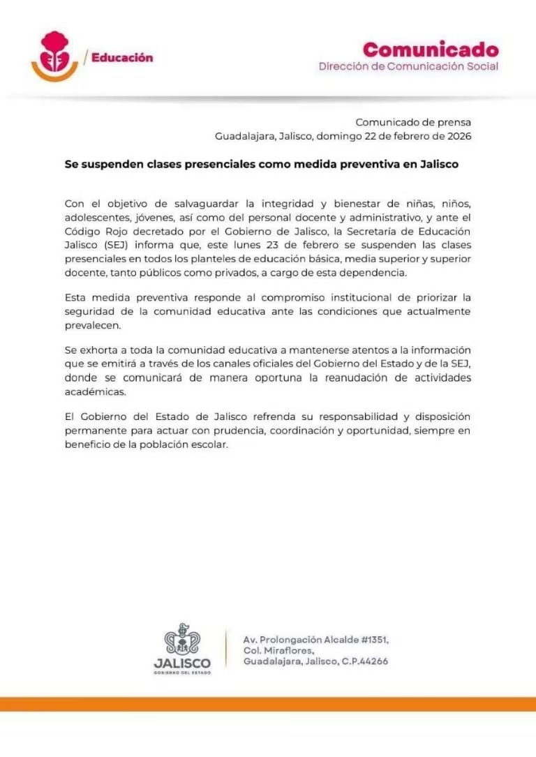 Comunicado oficial de la Secretaría de Educación Jalisco fechado el 22 de febrero de 2026, donde se anuncia la suspensión de clases presenciales en todos los niveles educativos para el lunes 23 de febrero.