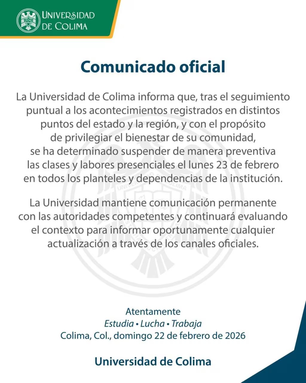 Comunicado oficial de la Universidad de Colima donde se informa la suspensión preventiva de clases y labores presenciales para el lunes 23 de febrero en todos los planteles y dependencias de la institución.