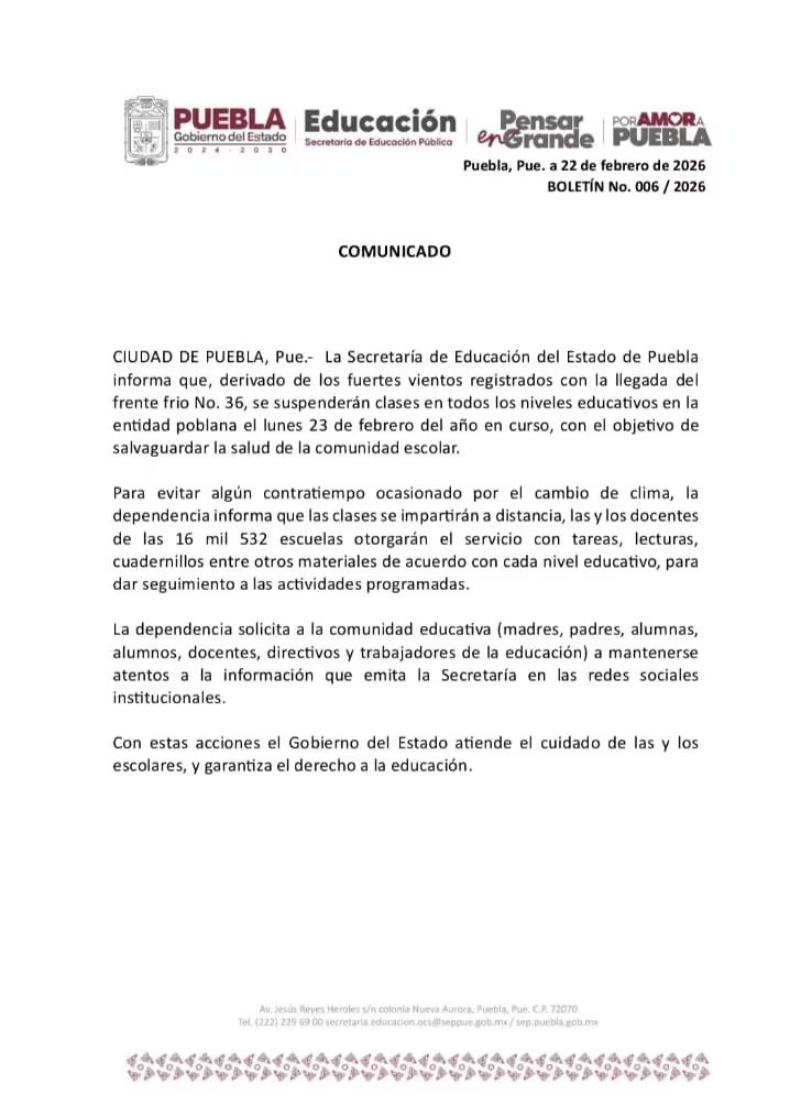 Comunicado oficial de la Secretaría de Educación del Estado de Puebla, emitido en la Ciudad de Puebla.