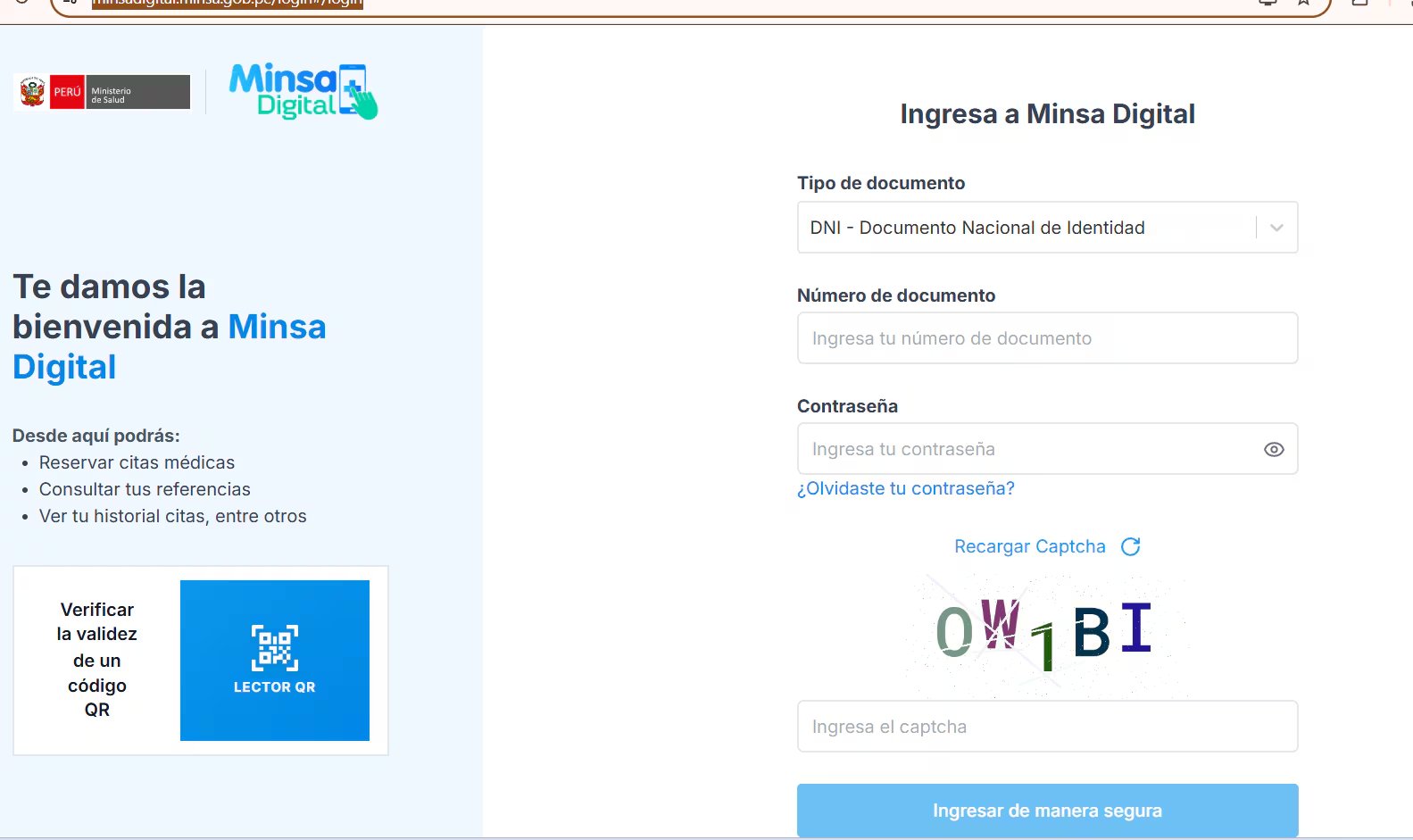 Captura de pantalla de la página de inicio de sesión de Minsa Digital, la plataforma del Ministerio de Salud de Perú que ofrece servicios sanitarios digitales a los ciudadanos.