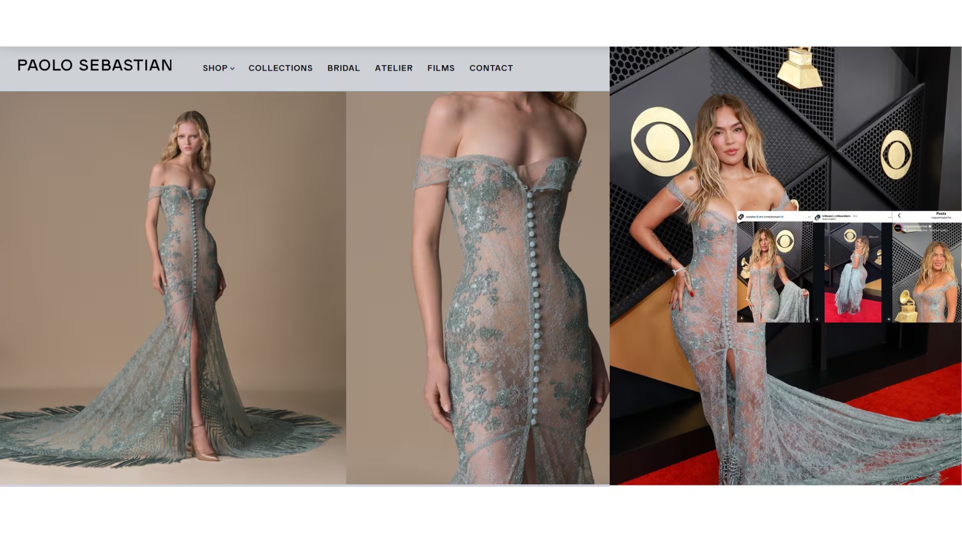 El diseño, firmado por Paolo Sebastian, resaltó la figura de Karol G con una silueta ceñida, hombros descubiertos y una abertura en la falda que dejó ver sus piernas - crédito captura de pantalla paolosebastian.com/ - @bichotarecords/ Instagram