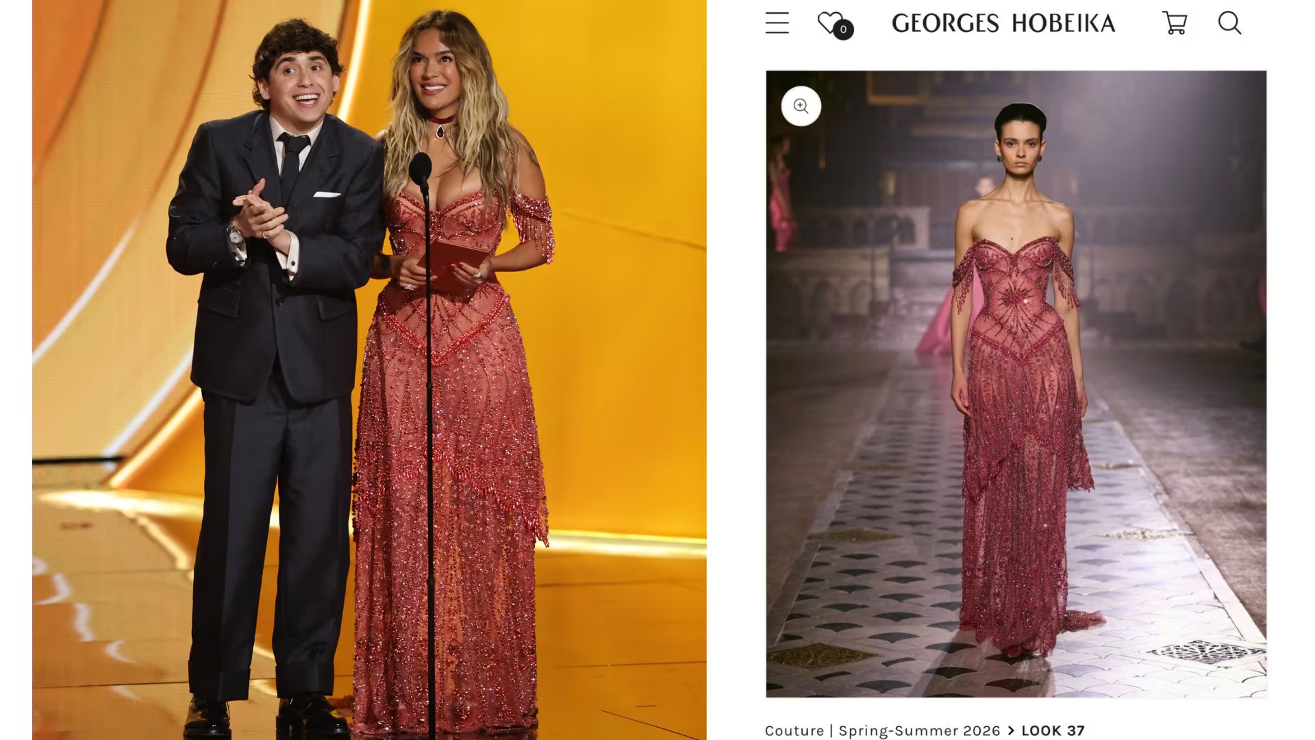 El vestido que usó Karol G en la gala es un diseño de alta costura, presentado en la colección Spring-Summer 2026 de Georges Hobeika - crédito montaje - captura de pantalla georgeshobeika.com - REUTERS/Daniel Cole