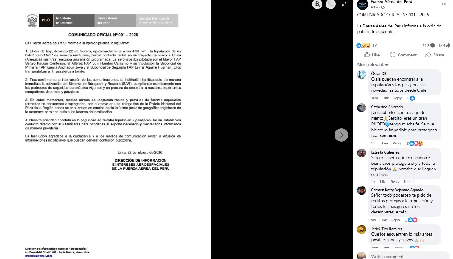 Fuerza Aérea del Perú despliega operativo tras perder contacto con helicóptero militar. Facebook/ La Fuerza Aérea del Perú/ Andina.