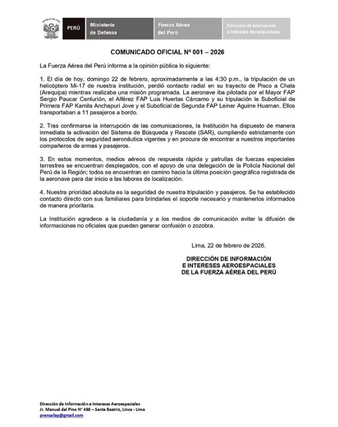 Fuerza Aérea del Perú despliega operativo tras perder contacto con helicóptero militar. Facebook/ La Fuerza Aérea del Perú/ Andina.