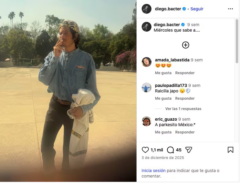 El músico lució en otras fotografías la misma gorra con la que aparece en las tomas de Majo Aguilar. (Captura de pantalla @diego.bacter)