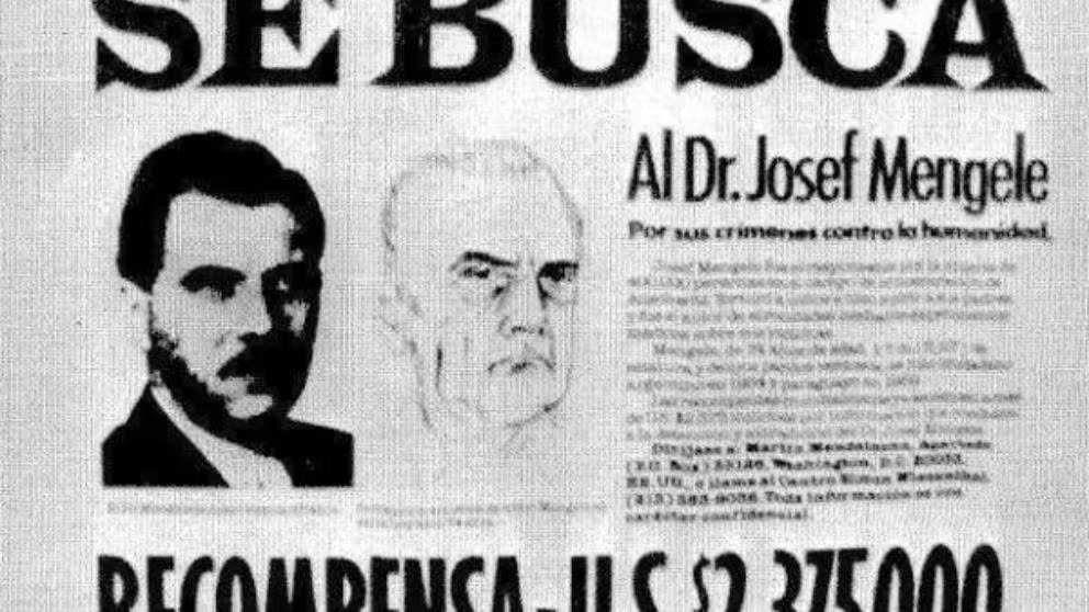 El cartel en la oficina de Simón Wiesenthal durante la búsqueda de Mengele, que al fin de la Segunda Guerra era prácticamente desconocido y se convirtió en uno de los criminales más buscados del planeta