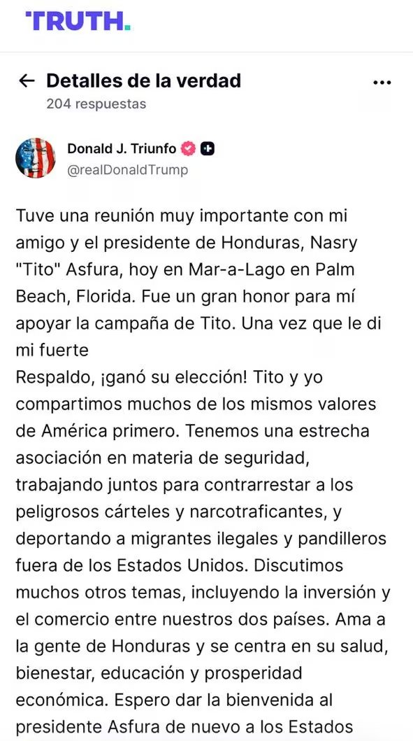 Donald Trump subrayó la importancia estratégica de la cooperación bilateral entre Estados Unidos y Honduras en seguridad, inversión y comercio.