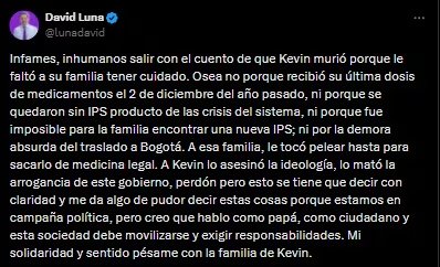 David Luna sobre muerte de Kevin Acosta - crédito @lunadavid/X