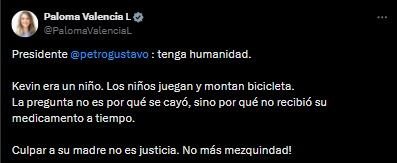 Paloma Valencia sobre declaraciones de Petro referentes a la muerte de Kevin Acosta por falta de medicamentos - crédito @PalomaValenciaL/X