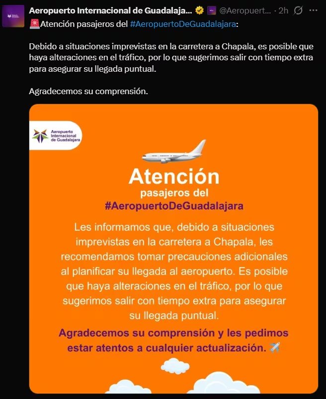 Comunicado en redes sociales delAeropuerto Internacional de Guadalajara. IATA: GDL