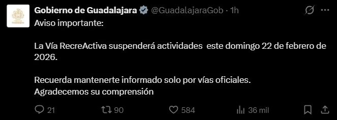 Aviso importante:
La Vía RecreActiva suspenderá actividades este domingo 22 de febrero de 2026.
Recuerda mantenerte informado solo por vías oficiales.
Agradecemos su comprensión (X-Gobierno de Guadalajara)