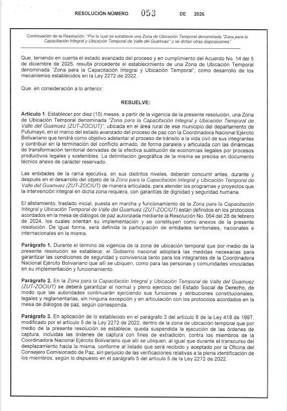 La norma contempla la creación de una Zona de Ubicación Temporal para facilitar a los guerrilleros su transición hacia la vida civil - crédito Dapre