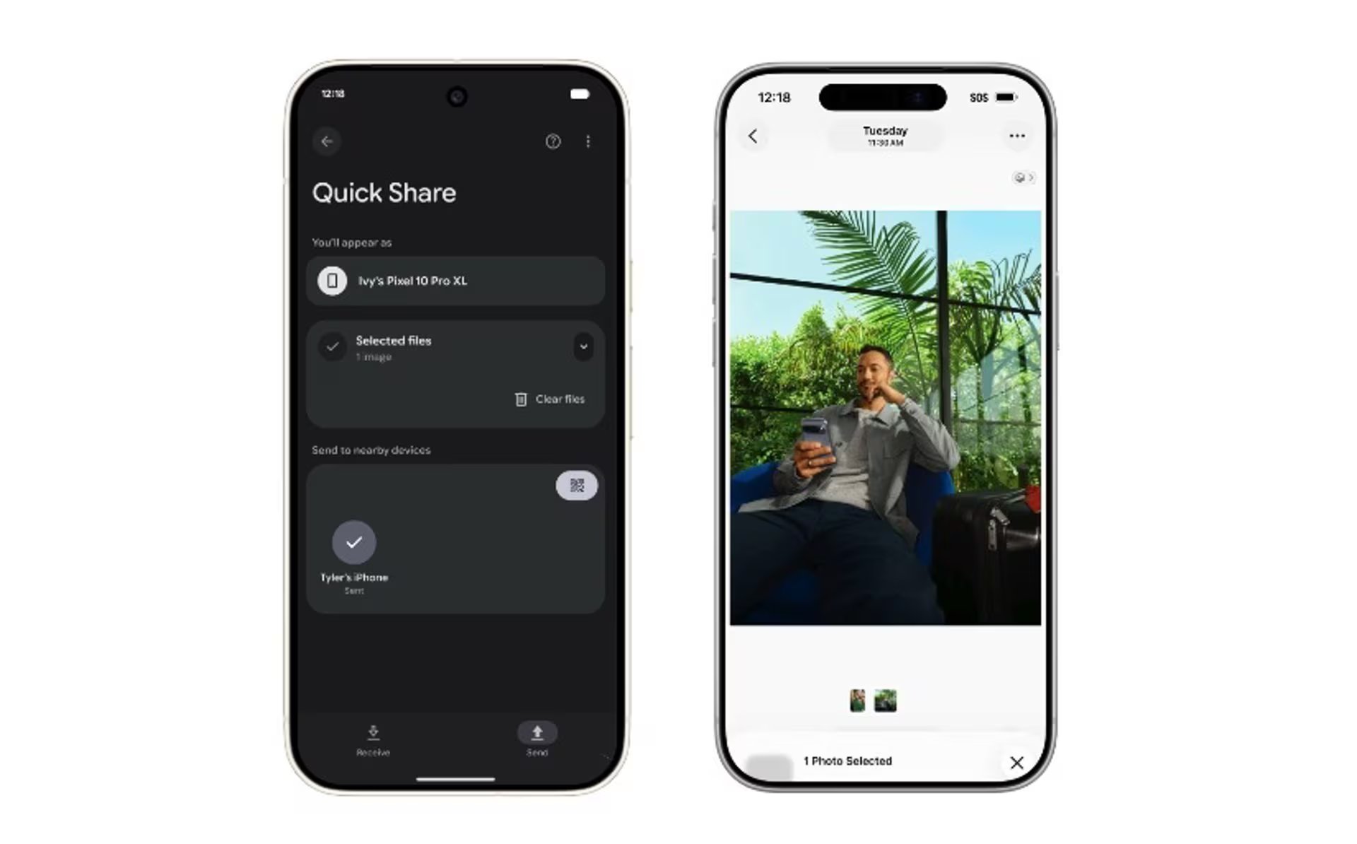 Recurso de envío de foto entre Quick Share y AirDrop.    
GOOGLE
