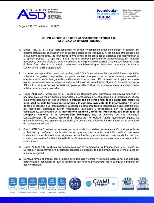 Grupo Asesoría en Sistematización de Datos S.A.S. niega irregularidades en procesos electorales y rechaza investigaciones en su contra tanto en Honduras como en otros países - crédito @grupoasd_sas/X