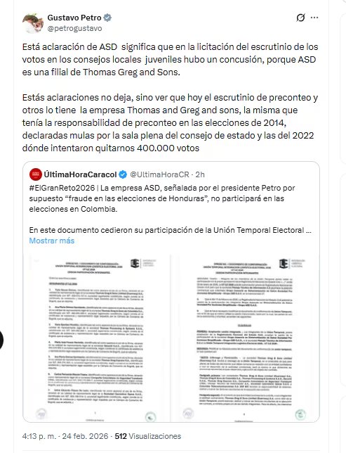 El presidente Gustavo Petro se refirió a la noticia de que la empresa ASD no participará en los procesos electorales de Colombia de 2026 - crédito @petrogustavo/X