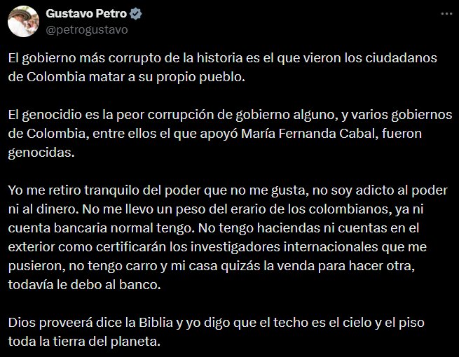 Gustavo Petro rechaza el enriquecimiento personal y acusa a gobiernos anteriores de violencia y corrupción. - crédito @petrogustavo/X