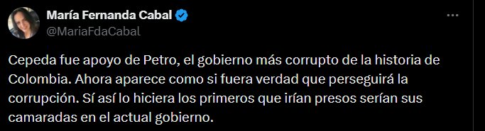 María Fernanda Cabal señala al gobierno de Petro como el más corrupto de la historia y cuestiona la lucha contra la corrupción en su administración. - crédito @MariaFdaCabal/X