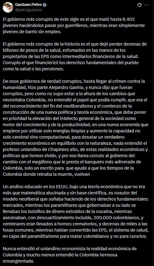 Petro defendió su administración y destacó que su gobierno impulsa cambios en la economía y la política social, priorizando educación, equidad y sostenibilidad. - crédito @petrogustavo/X