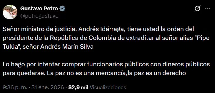 El mandatario advirtió que la paz no puede negociarse ni convertirse en una mercancía. - crédito @petrogustavo/X
