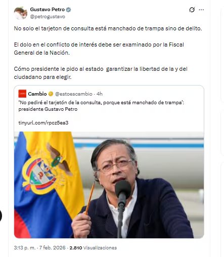 El presidente Gustavo Petro aseguró que el tarjetón de las consultas interpartidistas surgió desde la trampa - crédito @petrogustavo/X