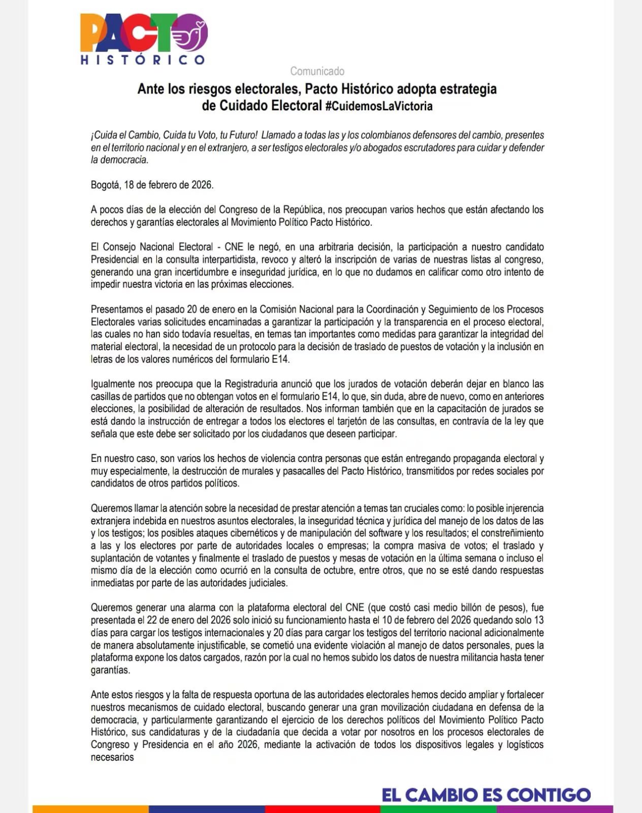 El movimiento político suspendió la inscripción de sus testigos electorales hasta que el CNE garantice la confidencialidad y seguridad de la información registrada en la plataforma digital - crédito Pacto Histórico