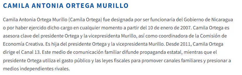 Camila Ortega Murillo, hija del presidente de Nicaragua, dirige Canal 13 desde 2011 y es señalada por difundir propaganda estatal y coordinar estrategias mediáticas familiares (Foto cortesía Treasury Department).