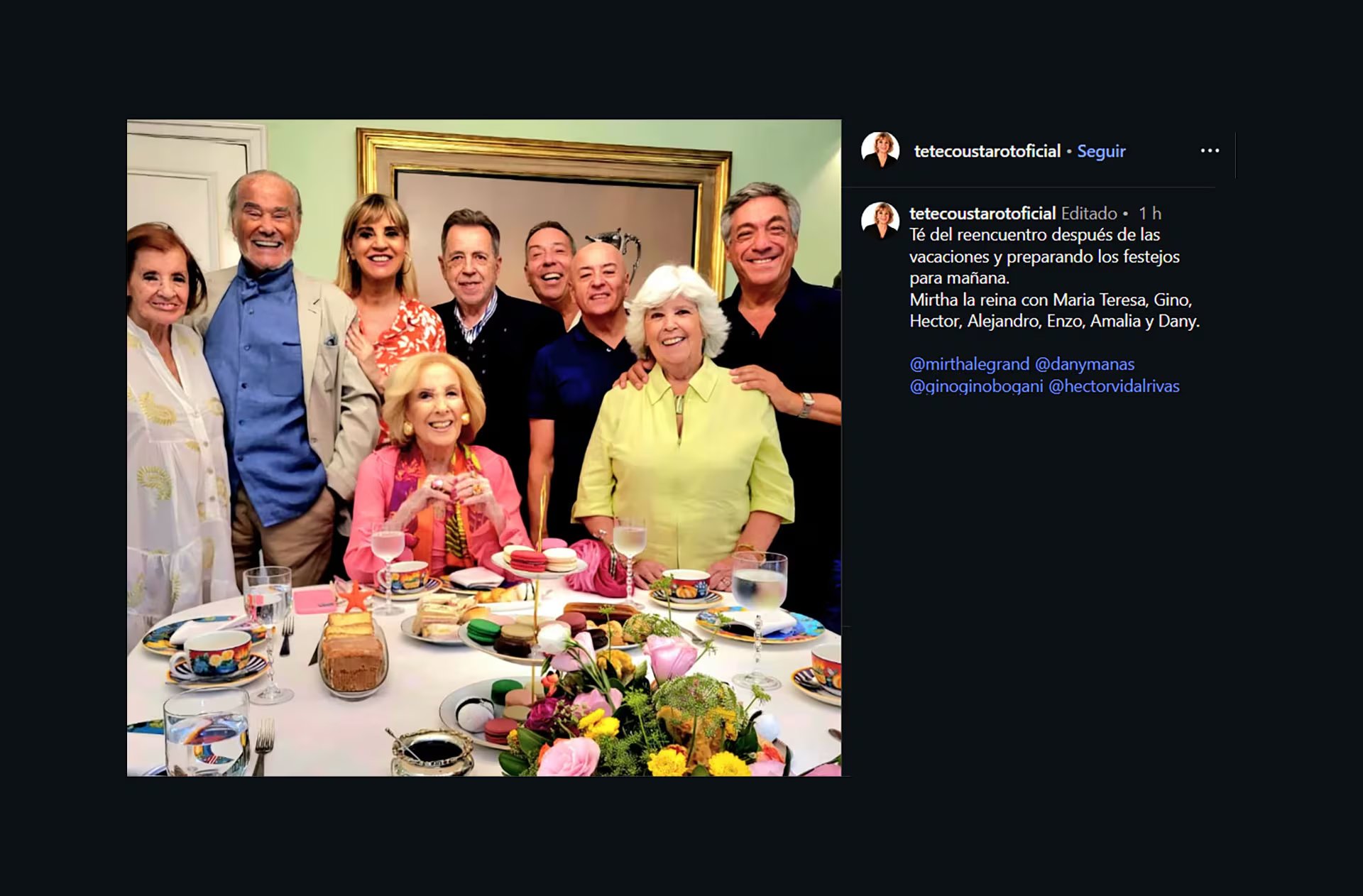 Tarde de domingo, un rito para Mirtha, tomar el te con amigos en su casa, como lo hizo ayer con un tema excluyente, claro, la celebración de hoy; así lo posteó Tete