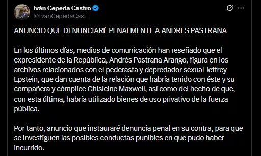 Cepeda solicita que la Fiscalía investigue el presunto uso indebido de bienes de la fuerza pública por parte de Pastrana - crédito @IvanCepedaCast / X