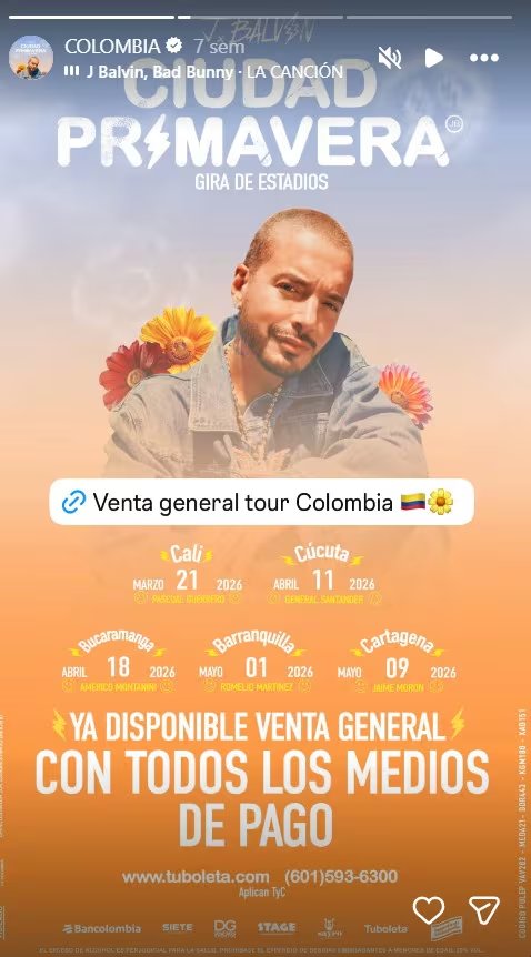 La gira “Ciudad Primavera” de J Balvin y su lugar especial entre los líderes de Colombia - crédito @jbalvin/IG