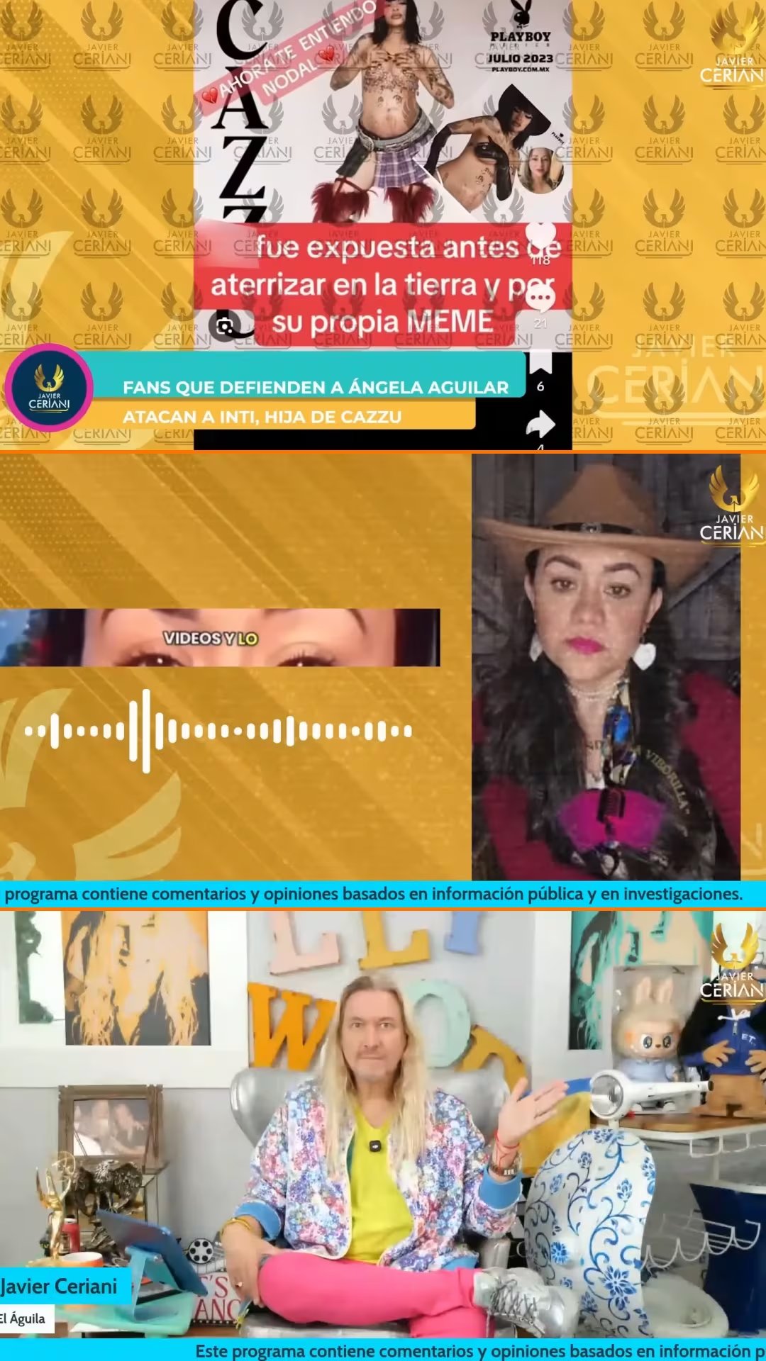 Javier Ceriani aparece en un collage de video acusando a Ángela Aguilar de una campaña de odio contra Cazzu, con imágenes relacionadas a Cazzu y otra mujer. (Javier Ceriani / YouTube)