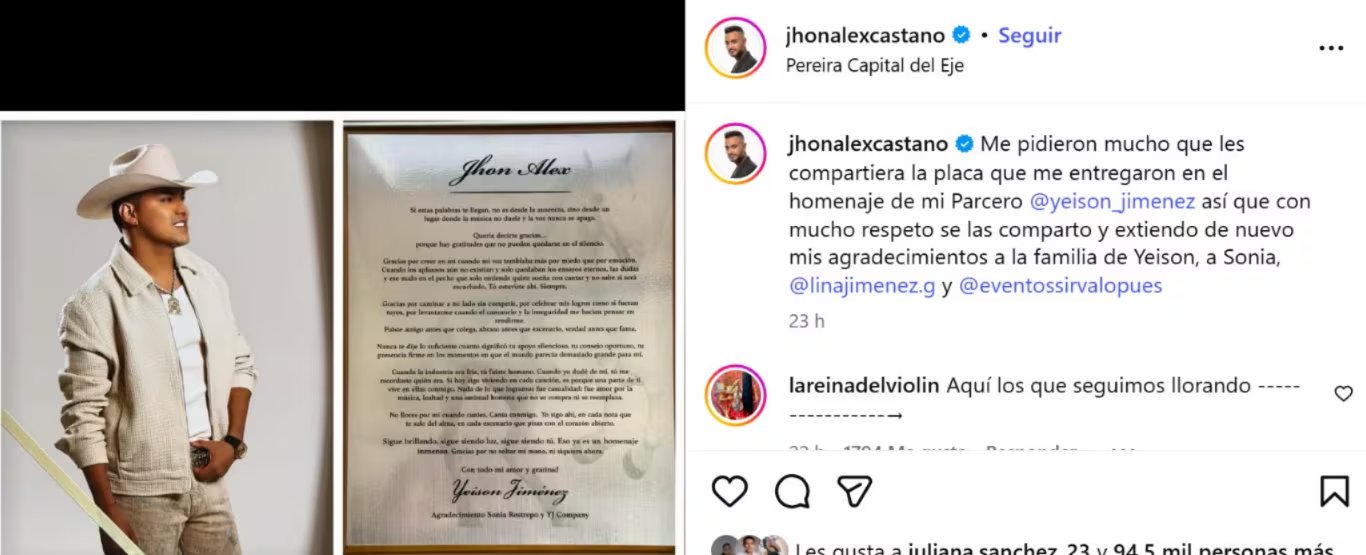 Jhon Alex Castaño reveló detalle que le dio la familia de Yeison tras homenaje en el Campín - crédito @jhonalexcastano/ Instagram