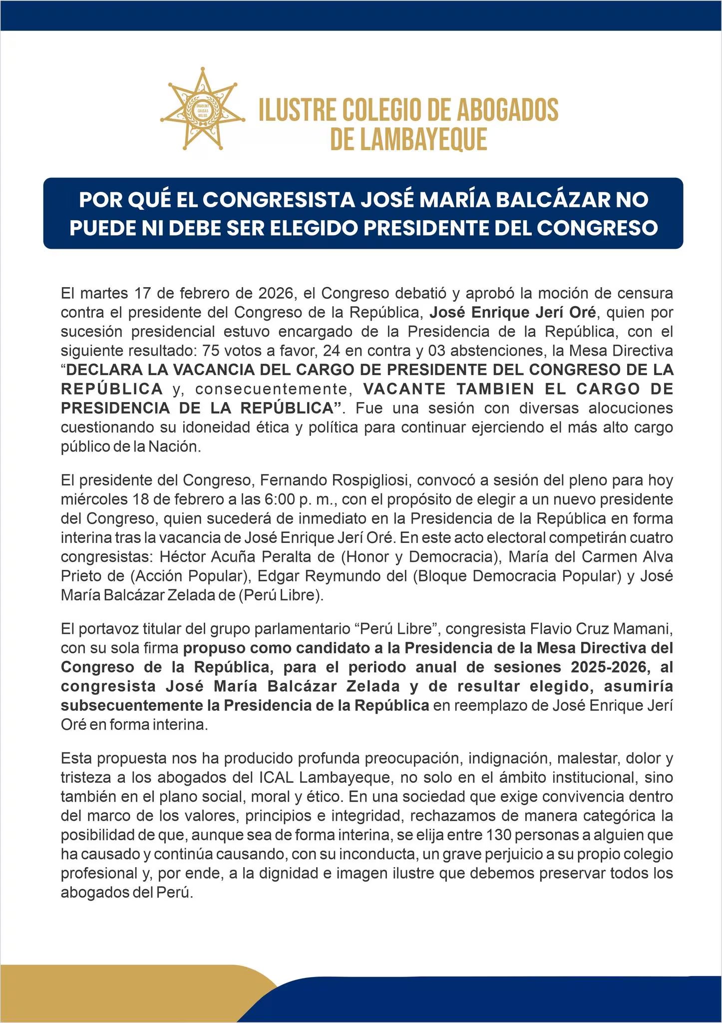 Pronunciamiento institucional cuestiona elección de Balcázar como titular del Congreso. (Foto: FB/@icalperu)